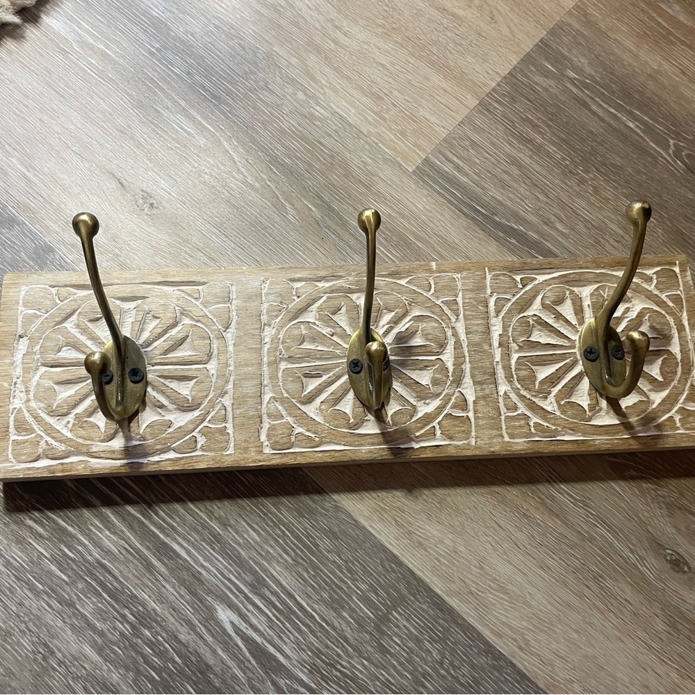 SOLD! Wooden and Metal 3 Gold Hook Wall Mounted Hanger
